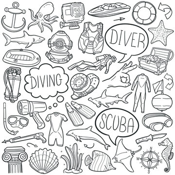 Scuba doodle icon set. Water Sports Buildings Vector illustration collection. Diving Banner Hand drawn Line art style.