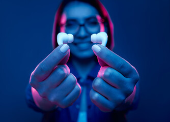 Happy woman showing modern earphones