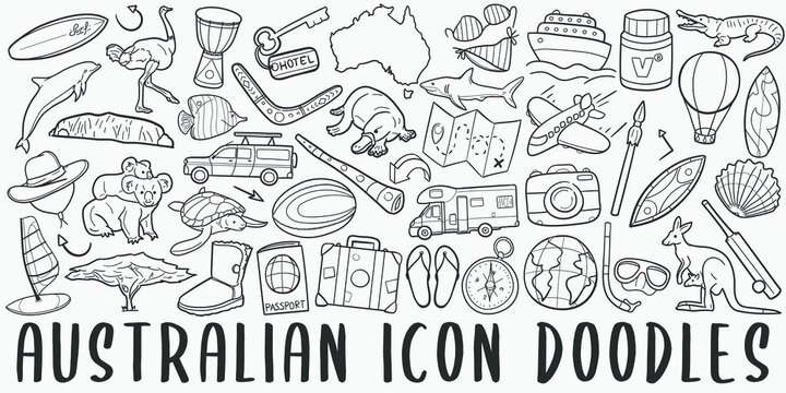 Australia doodle icon set. Australian Life Style Vector illustration collection. Banner Hand drawn Line art style.