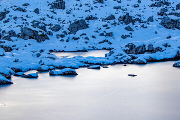 Frozen glaciers lake in high mountains, Julian alps