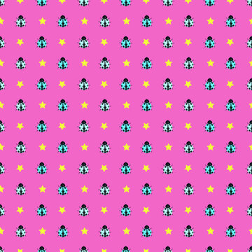  blue bugs and stars with pink background seamless repeat pattern