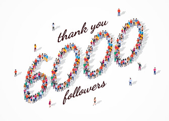 6K Followers. Group of business people are gathered together in the shape of 6000 word, for web page, banner, presentation, social media, Crowd of little people. Teamwork. Vector illustration