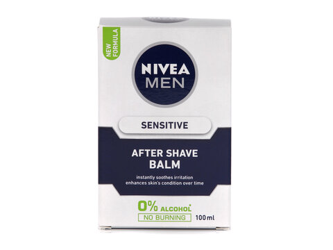 BUCHAREST, ROMANIA - NOVEMBER 14, 2019. Nivea for Men Sensitive After Shave Balm isolated on white