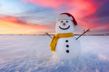 Funny snowman in Santa hat and yellow scalf on snowy field. Merry Christmass and happy New Year!
