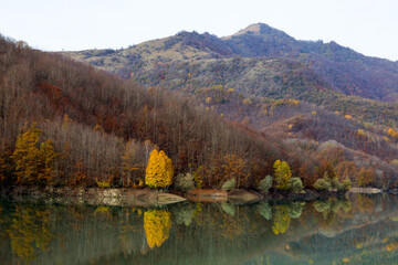 View of the lake of Brugneto in autumn, province of Genoa, Antola Park, Italy