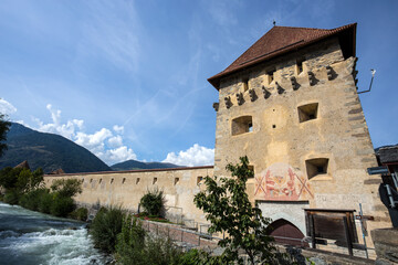 Fototapeta na wymiar GLORENZA, ITALY, SEPTEMBER 11, 2020 - The ancient medieval walls of Glorenza, province of Bolzano, South Tyrol, Italy