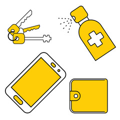 Protection personal effects from coronavirus bacteria. Sanitizer spray for disinfecting hands, phone, wallet, keys. Smartphone disinfection. Disinfection of all surfaces. Vector