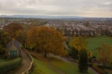 Warm golden colours in autumn with a view of the ribble valley. Colourful autumn leaves in clitheroe