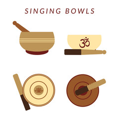 Set of four tibetan singing bowls isolated on white backgrond. Healing msic and meditation. Vector flat illustration.
