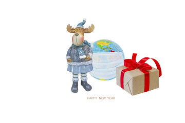 Planet Earth with protective mask, Christmas trees and New Year's motives on a white background