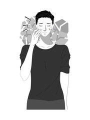 スキンケアする若い男性のイラスト　白黒