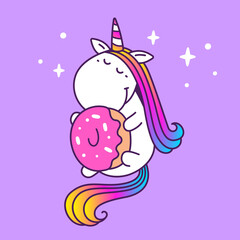 Obraz na płótnie Canvas Vector line art illustration of magic white unicorn with donut