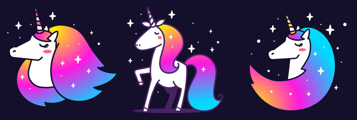 Vector set of illustration of beautiful unicorn with rainbow color mane on black background