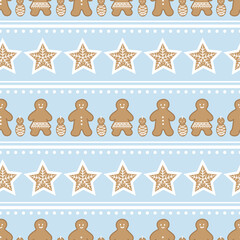 Vector gingerbread figures geometric seamless pattern background.