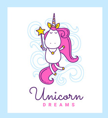 Vector illustration of magical unicorn with magic wand and pink color mane