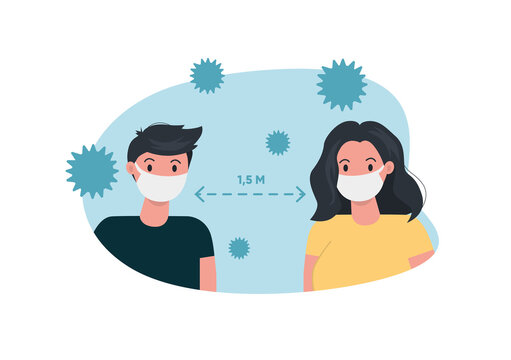 people keep distance 1,5 meter wearing medical mask. Coronavirus spread prevention. Flat vector illustration.