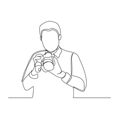 Continuous line drawing of professional man photographer take picture use camera. One line art concept of photography. Vector illustration