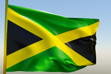 3D illustration of the national flag of Jamaica on a metal flagpole fluttering against the blue sky.Country symbol.
