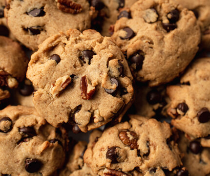 Close Up Of A Pile Of Freshly Baked Pecan Chocolate Chip Cookies.