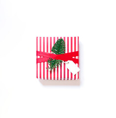 Christmas gift box with winter holiday decoration. Top view New Year greeting card