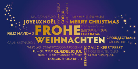 Weihnachtsgrüße Frohe Weihnachten mehrsprachig - goldener Text auf purpurnem Hintergrund