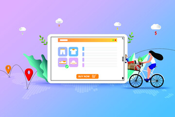 Concept of online shopping, young woman ride a bicycle to go to store to pick up a new shoe that already ordered by use application on mobile.