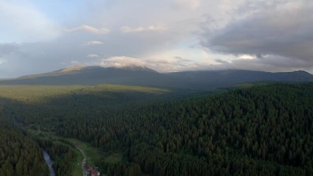 Aerial views of Mount Iremel in cloud, the Southern Urals