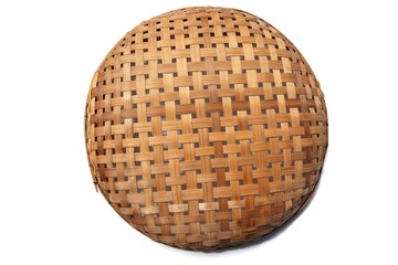 Wicker tray or bamboo basket is Thailand people handmade and old culture isolated on white background closeup.