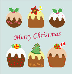 Delicious set of sweet Christmas and New Year cupcakes. Creative elements for your design. Muffins isolated. Vector illustration. 
