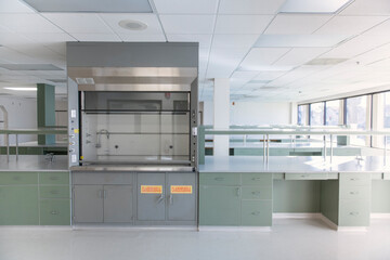 New science lab with hood and green benches