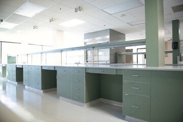 New scientific laboratory with green bench and cabinets