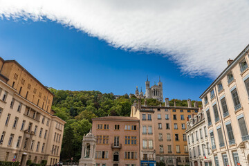 Fototapeta na wymiar Saint-Jean district and Fourviere Cathedral, Lyon, Rhone, France
