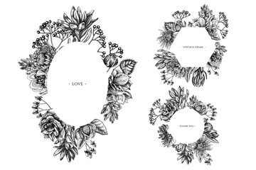 Floral frames with black and white viburnum, hypericum, tulip, aster, leucadendron, amaryllis