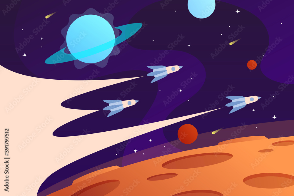 Wall mural horizontal space background with flying spaceships and planets. rocket race. web design. space explo