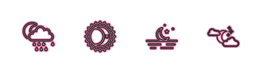 Set line Cloud with rain and moon, Moon stars, Eclipse of the sun and icon. Vector. © vector_v
