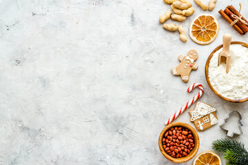 Cooking icing Christmas cookies gingerbread, flat lay, top view
