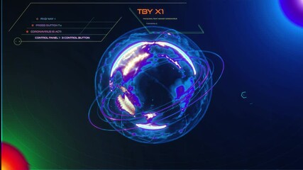 Holographic digital HUD Earth Globe user interface. Military and Space technology concept. Futuristic environment. Planet rotation. Scanning global map. Scientific technology data analytics - Powered by Adobe