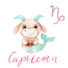 Watercolor illustration Capricorn Bull Symbol of the year 2021 Zodiac Funny and cute Cow New Year illustration