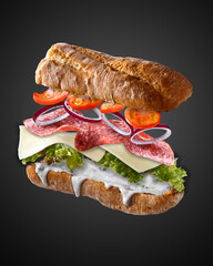  levitating sandwich with ham and vegetables and cheese 