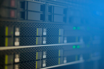 A modern, high-performance server in an indoor operator's room. Server for creating cryptocurrency. High speed of information processing. Hacker's server.
