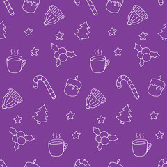 Winter doodle seamless pattern. White elements on purple. Cute hand drawn print. Candle, candy, cup, hat, stars, berries and Christmas tree. Good for wallpaper, textile, gift wrap. Endless design