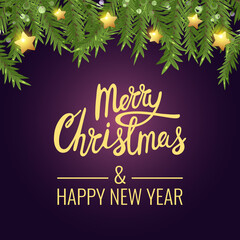 Christmas winter banner with fir branchs and golden stars. Merry Christmas lettering. Vector illustration.