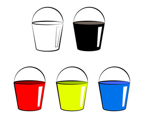 Collection of multi-colored buckets on a white background. Symbol. Vector illustration.