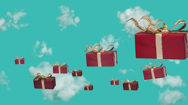 Christmas gift flying faster then another group of gifts. Red gifts on the way to customers. Online shopping and delivery concept. 4K stop motion animation, loop.
