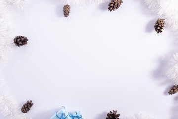 Christmas flatlay fir-tree cones on a white background. copy space new year
