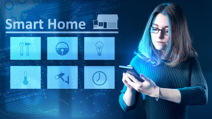 Girl controls the Smart home system from her smartphone. A woman with a mobile phone next to the word Smart home. The girl controls all the functions of the house via the Internet. Home automation.