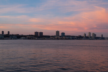 Colorful Sunset over the Weehawken New Jersey Skyline along the Hudson River