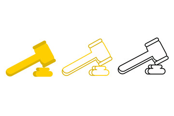 Fototapeta premium Set of icons for the judge's hammer in color style, color line and black and white line. Vector illustration