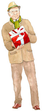 Old man with a hat and a Christmas present