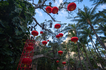 Waikiki, Honolulu, Oahu, Hawaii - February 9, 2019: The Royal Hawaiian Center in Waikiki decorated the mall with red Chinese lanterns in celebration for the Lunar New Year which was in February.  - obrazy, fototapety, plakaty